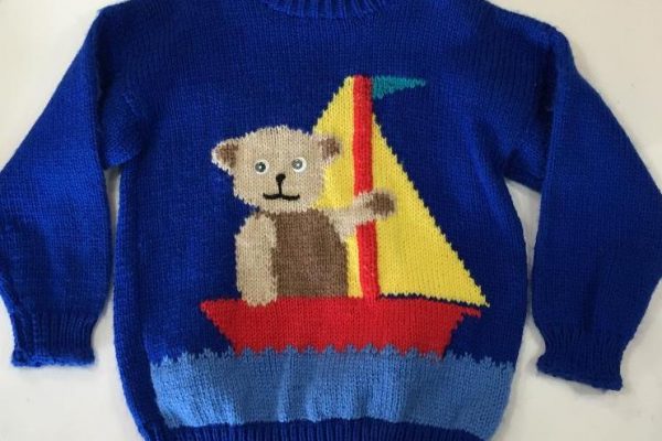 Hand-knit Sweater, bear in boat